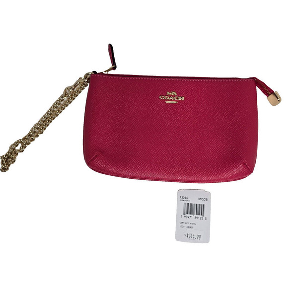 COACH ZIP WRISTLET F73044 WITH CHAIN ELECTRIC PINK CROSSGRAIN LEATHER NEW NWT - Picture 1 of 6
